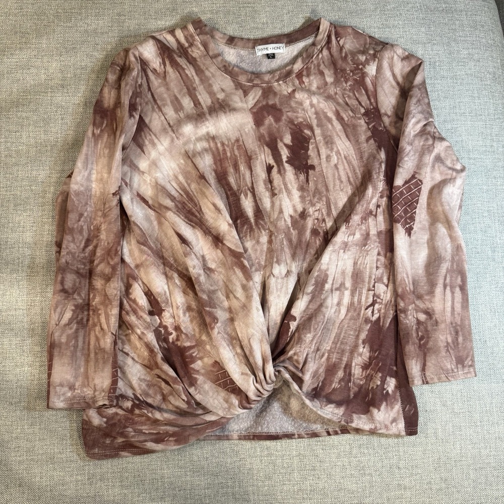 Boho Tie Dye Twist Front Top Womens Large Brown LongSleeve Fleece Lined Pullover